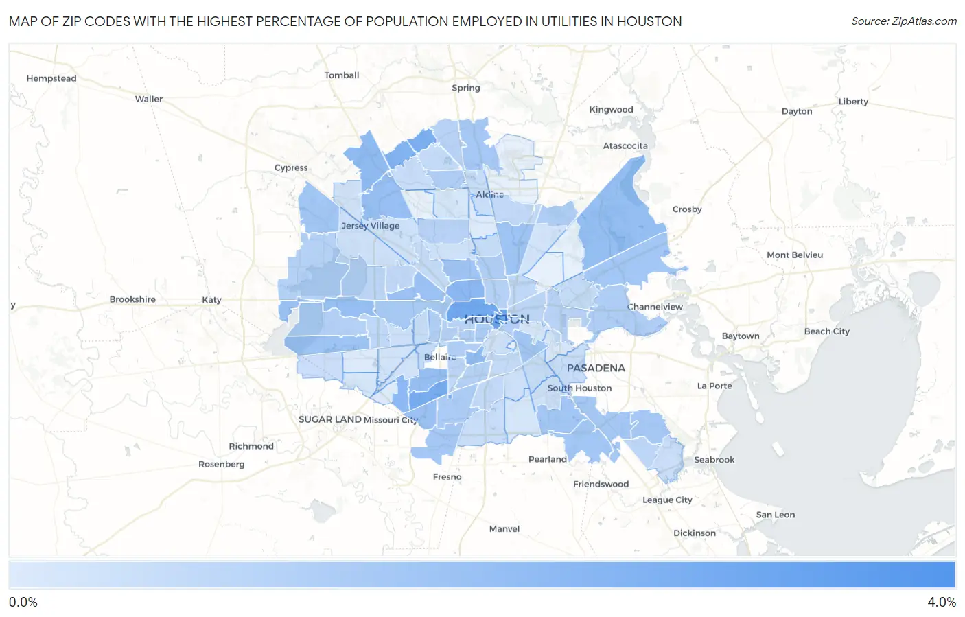 Zip Codes with the Highest Percentage of Population Employed in Utilities in Houston Map