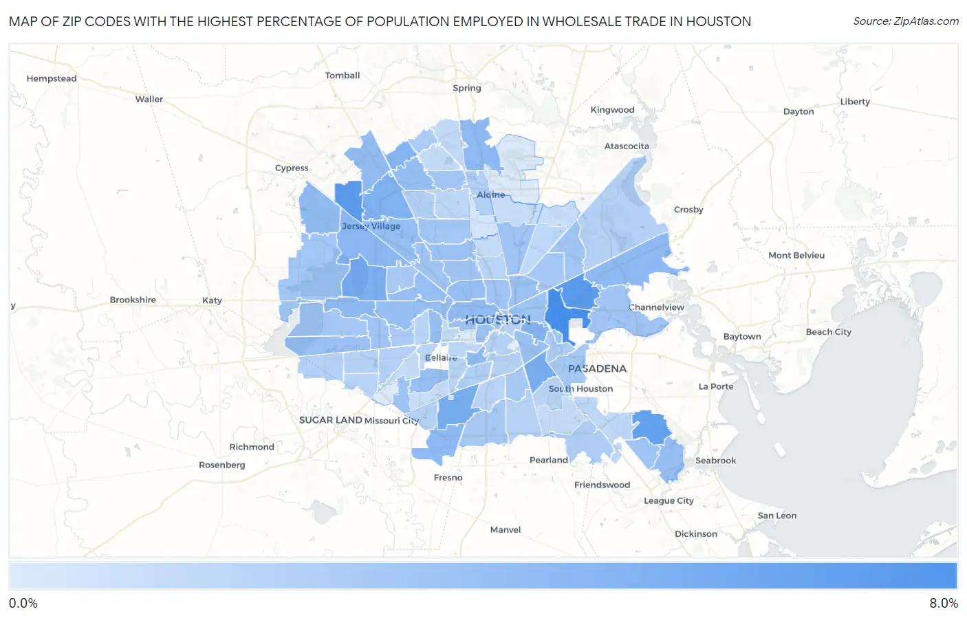Zip Codes with the Highest Percentage of Population Employed in Wholesale Trade in Houston Map