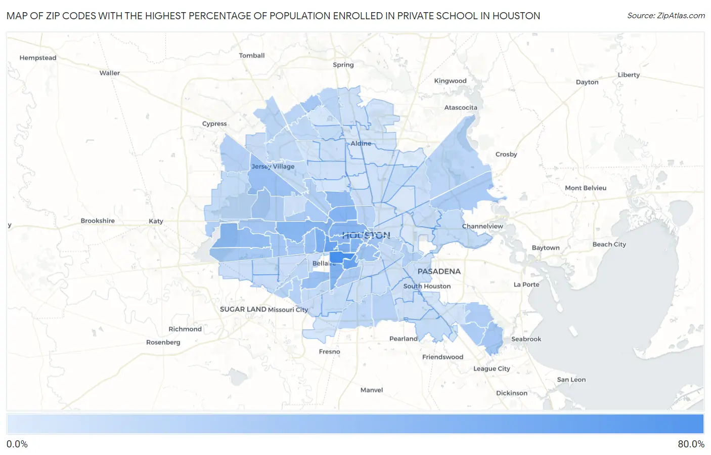 Zip Codes with the Highest Percentage of Population Enrolled in Private School in Houston Map