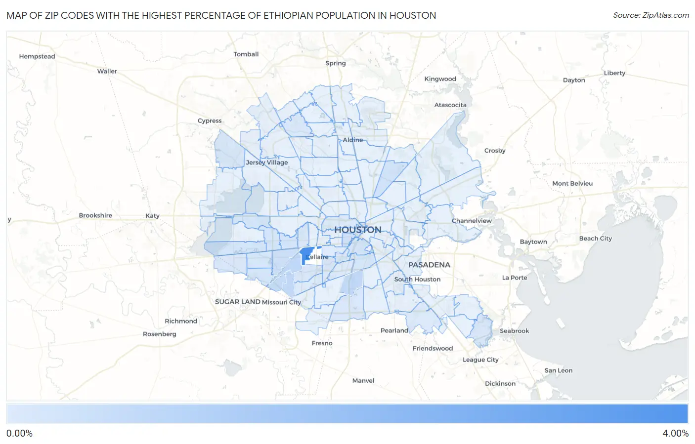 Zip Codes with the Highest Percentage of Ethiopian Population in Houston Map