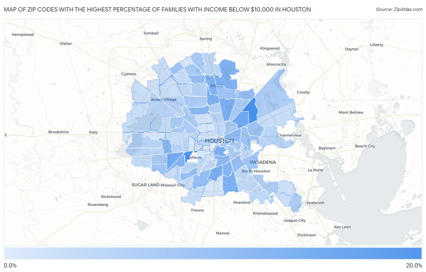 Zip Codes with the Highest Percentage of Families with Income Below $10,000 in Houston Map