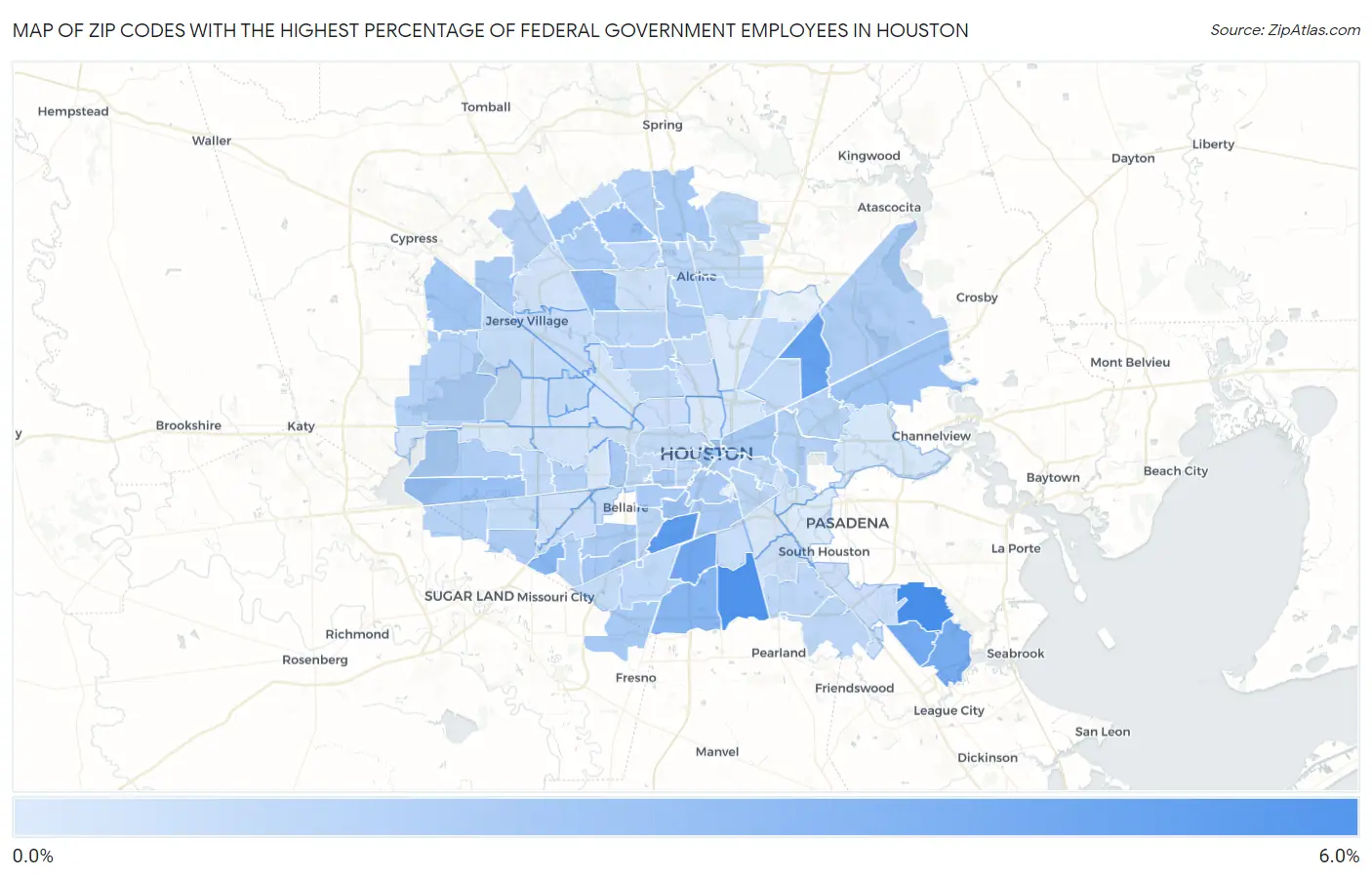 Zip Codes with the Highest Percentage of Federal Government Employees in Houston Map