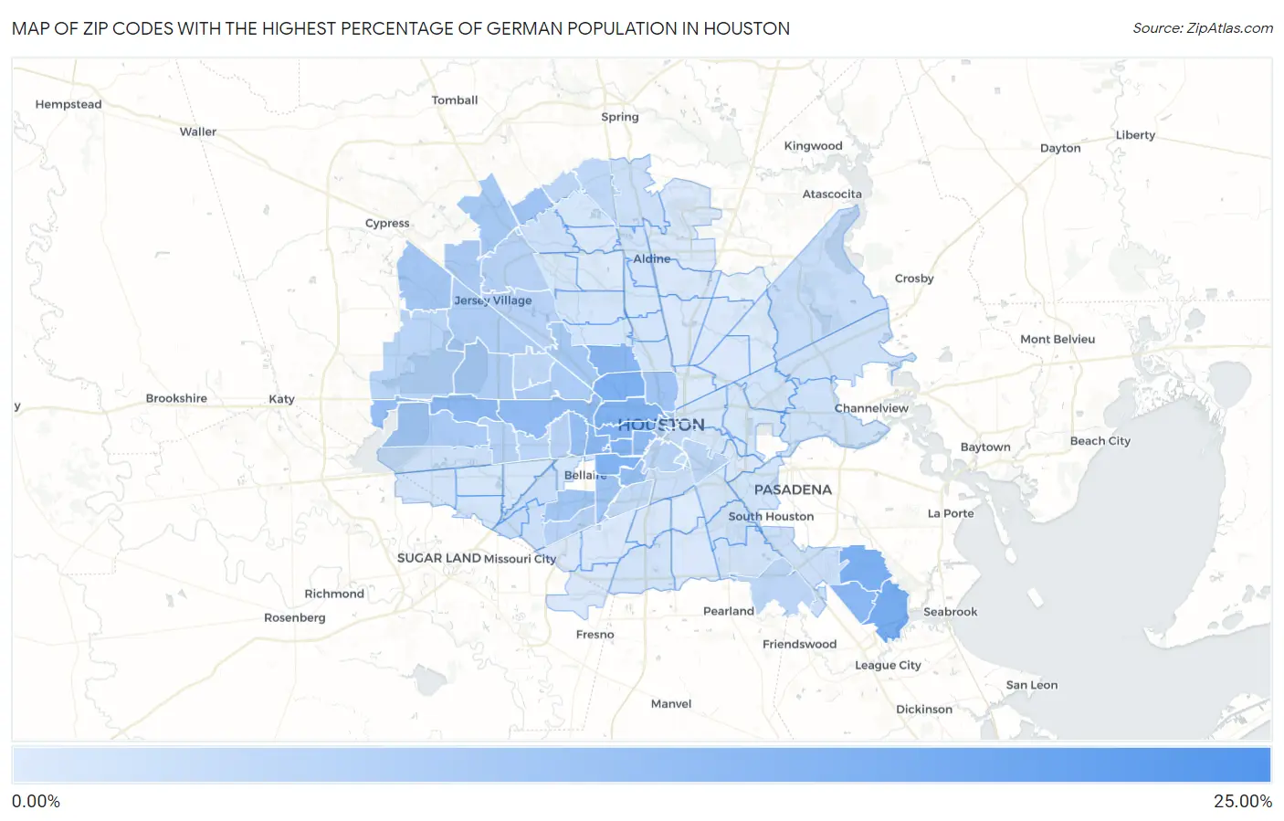 Zip Codes with the Highest Percentage of German Population in Houston Map