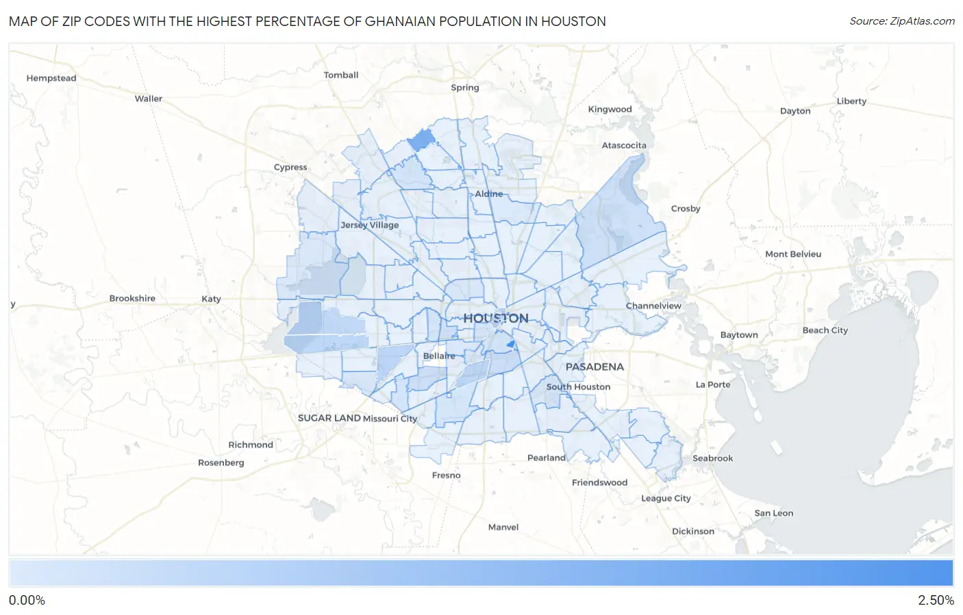 Zip Codes with the Highest Percentage of Ghanaian Population in Houston Map