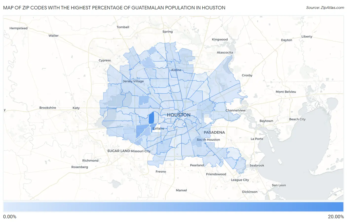 Zip Codes with the Highest Percentage of Guatemalan Population in Houston Map