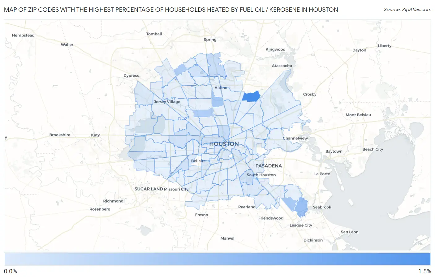 Zip Codes with the Highest Percentage of Households Heated by Fuel Oil / Kerosene in Houston Map