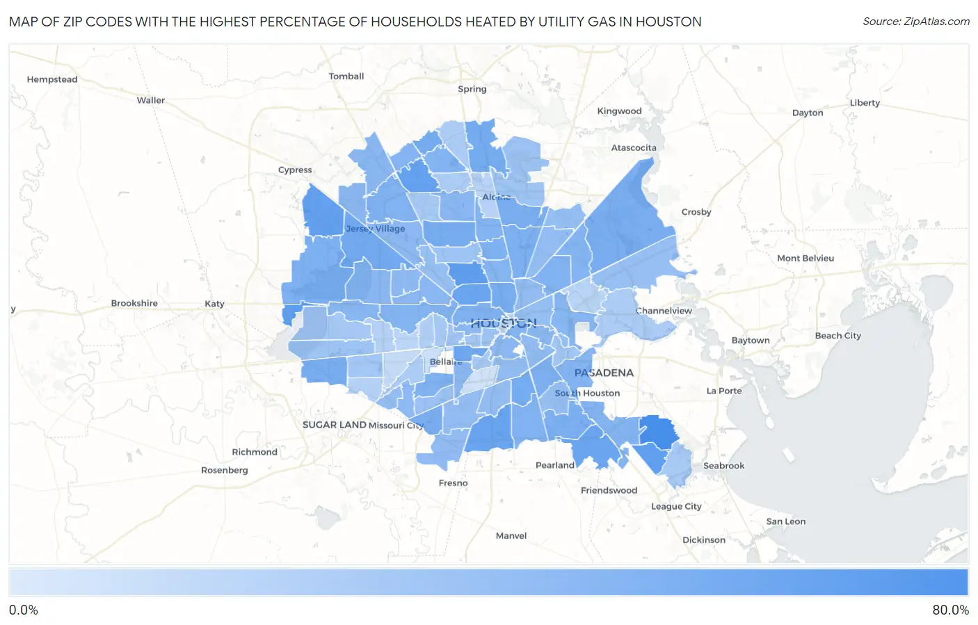 Zip Codes with the Highest Percentage of Households Heated by Utility Gas in Houston Map