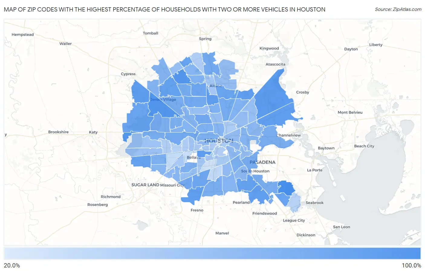 Zip Codes with the Highest Percentage of Households With Two or more Vehicles in Houston Map