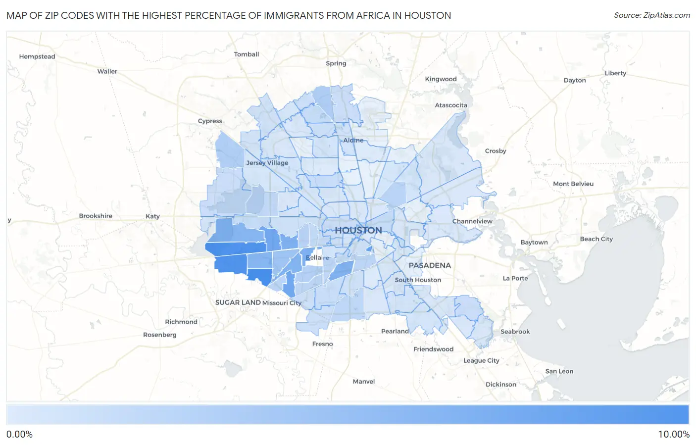 Zip Codes with the Highest Percentage of Immigrants from Africa in Houston Map