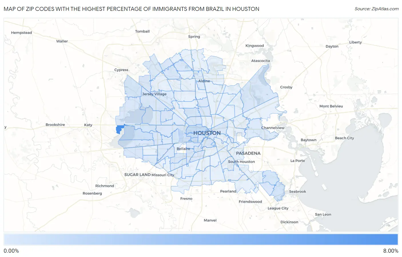Zip Codes with the Highest Percentage of Immigrants from Brazil in Houston Map