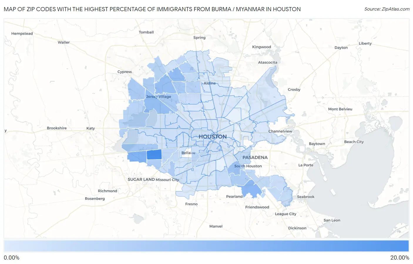 Zip Codes with the Highest Percentage of Immigrants from Burma / Myanmar in Houston Map