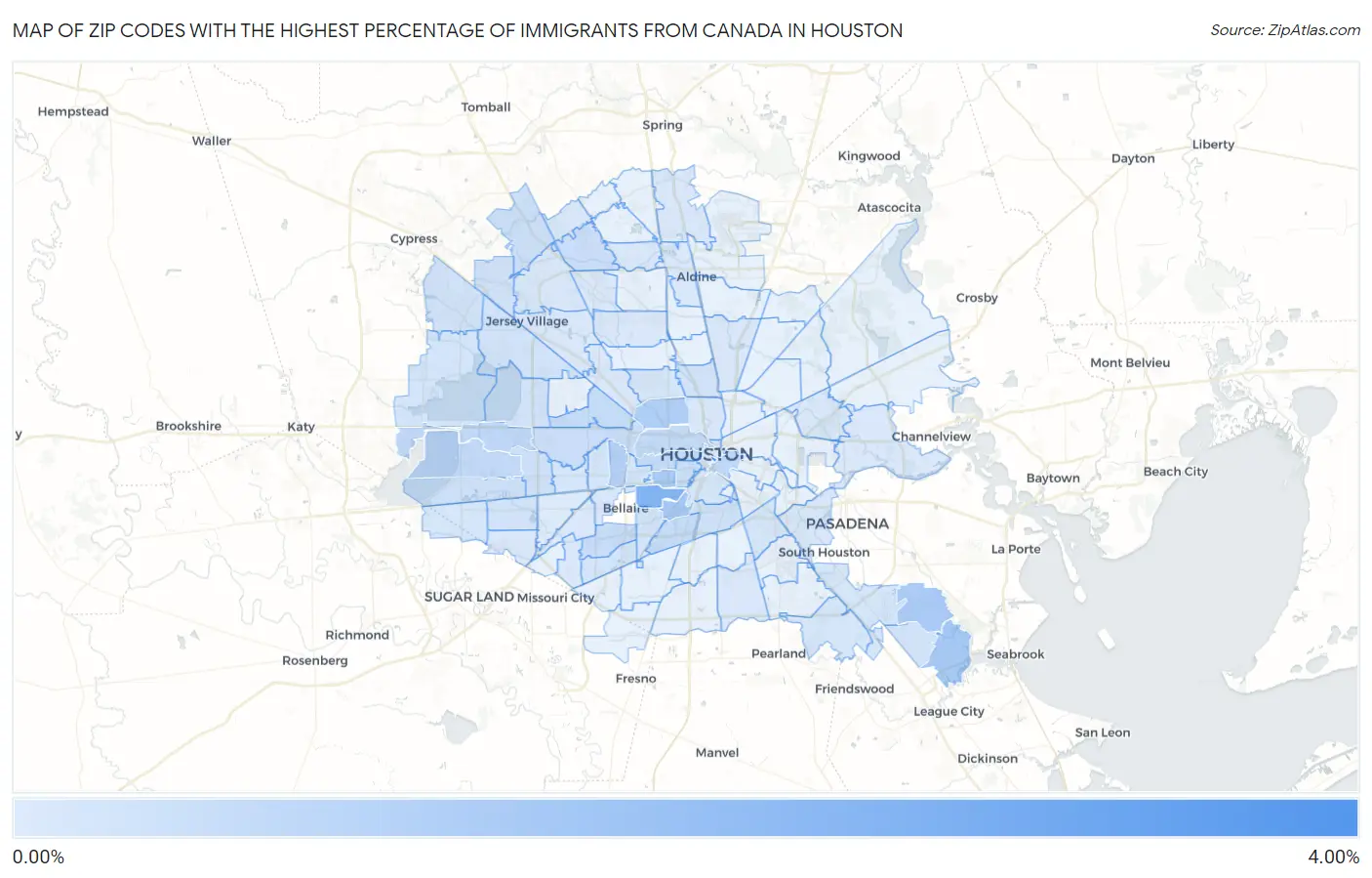 Zip Codes with the Highest Percentage of Immigrants from Canada in Houston Map