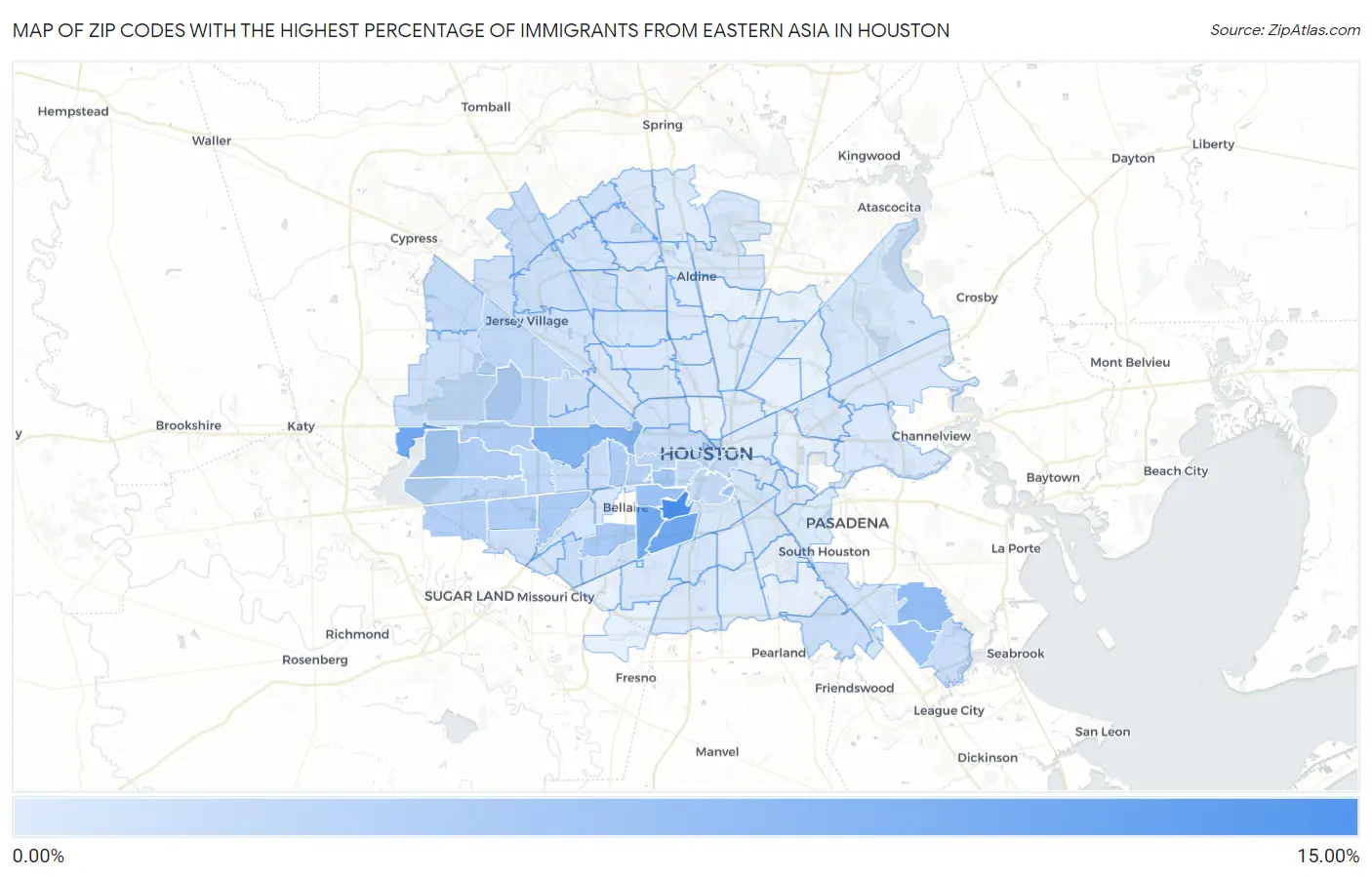 Zip Codes with the Highest Percentage of Immigrants from Eastern Asia in Houston Map