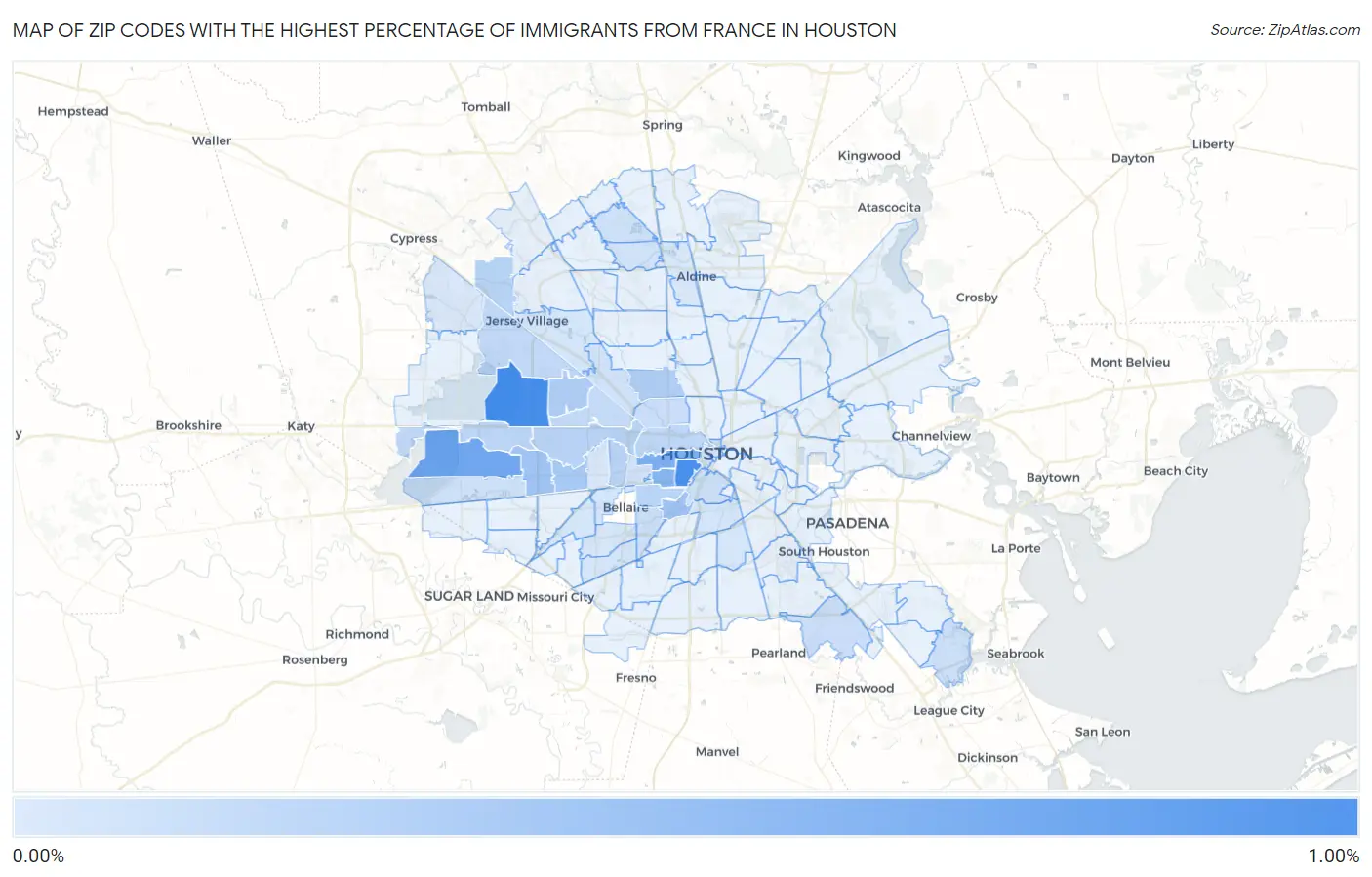 Zip Codes with the Highest Percentage of Immigrants from France in Houston Map