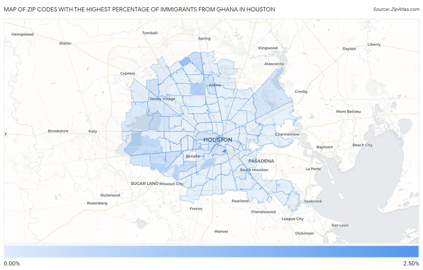 Zip Codes with the Highest Percentage of Immigrants from Ghana in Houston Map