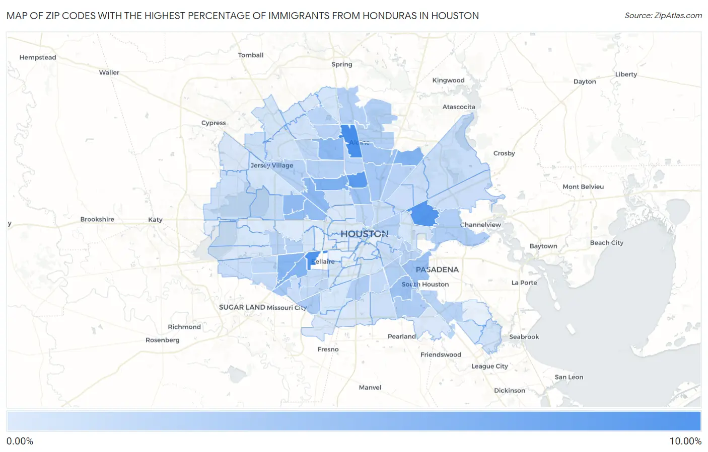 Zip Codes with the Highest Percentage of Immigrants from Honduras in Houston Map