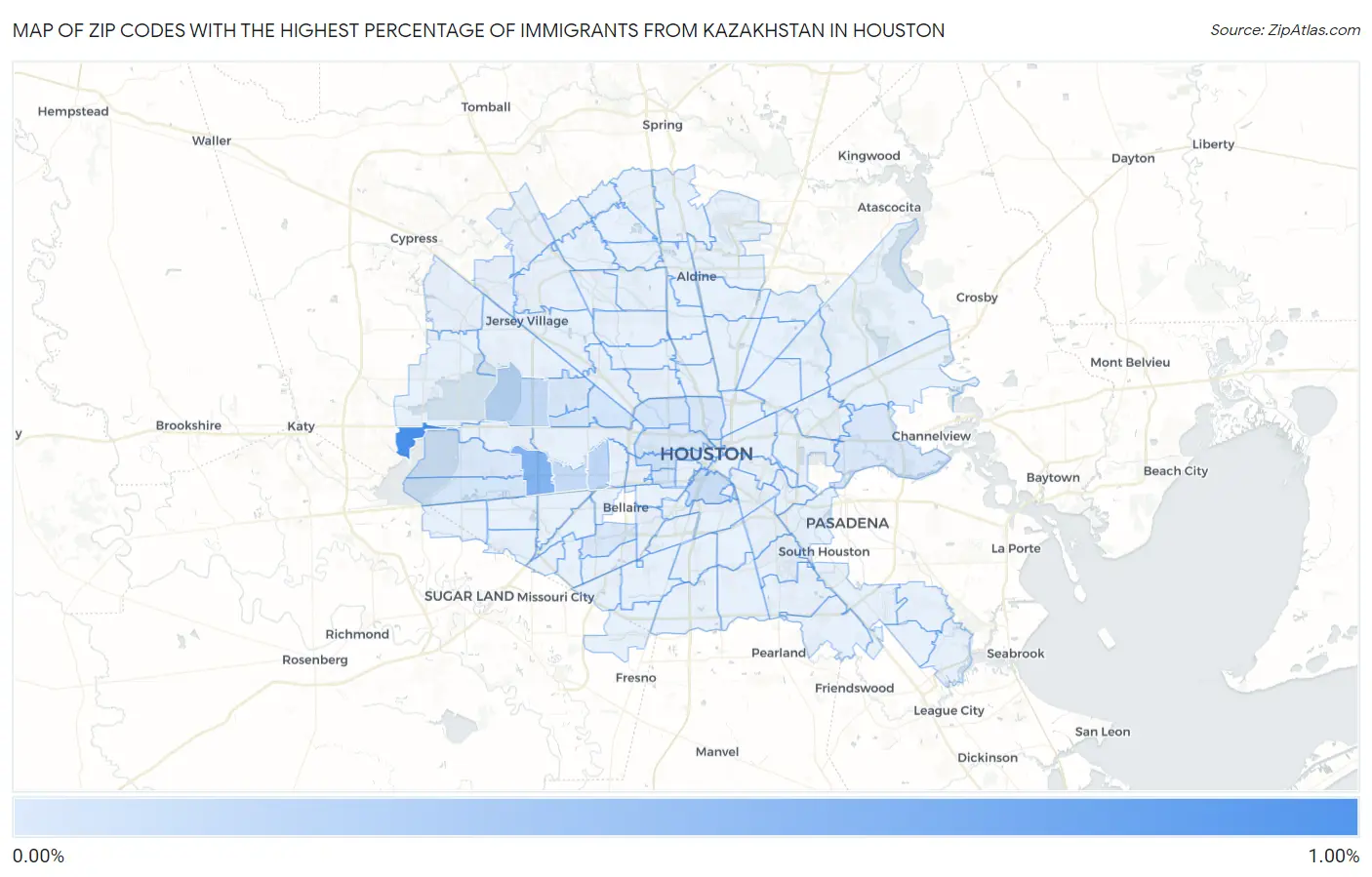 Zip Codes with the Highest Percentage of Immigrants from Kazakhstan in Houston Map