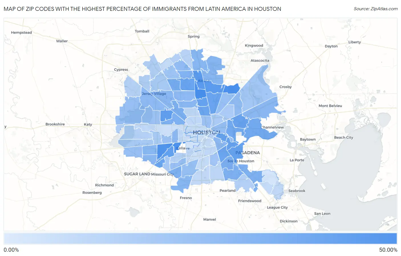 Zip Codes with the Highest Percentage of Immigrants from Latin America in Houston Map
