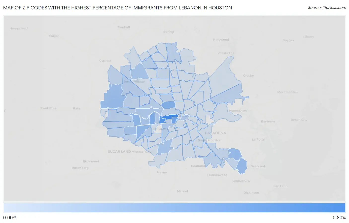 Zip Codes with the Highest Percentage of Immigrants from Lebanon in Houston Map