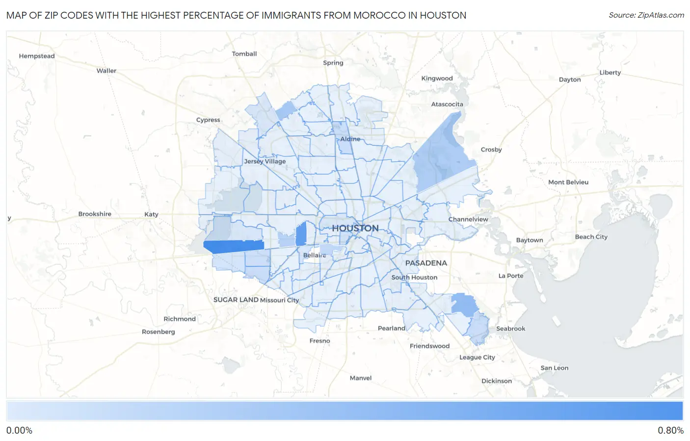 Zip Codes with the Highest Percentage of Immigrants from Morocco in Houston Map