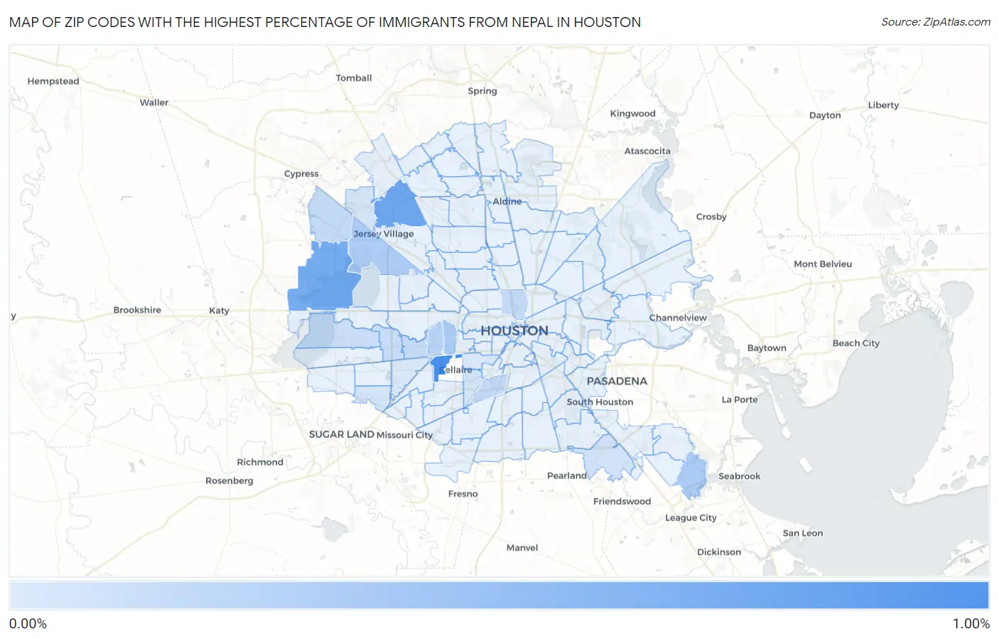 Zip Codes with the Highest Percentage of Immigrants from Nepal in Houston Map