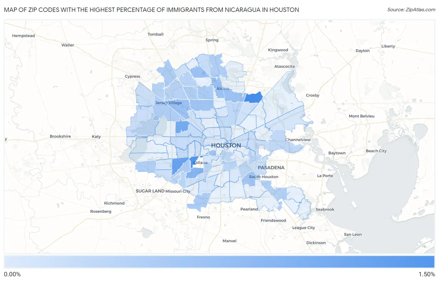 Zip Codes with the Highest Percentage of Immigrants from Nicaragua in Houston Map