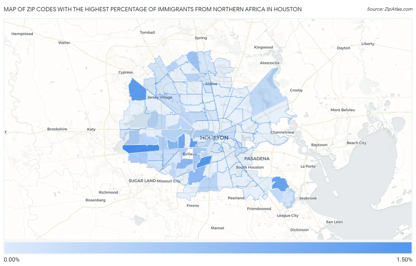 Zip Codes with the Highest Percentage of Immigrants from Northern Africa in Houston Map