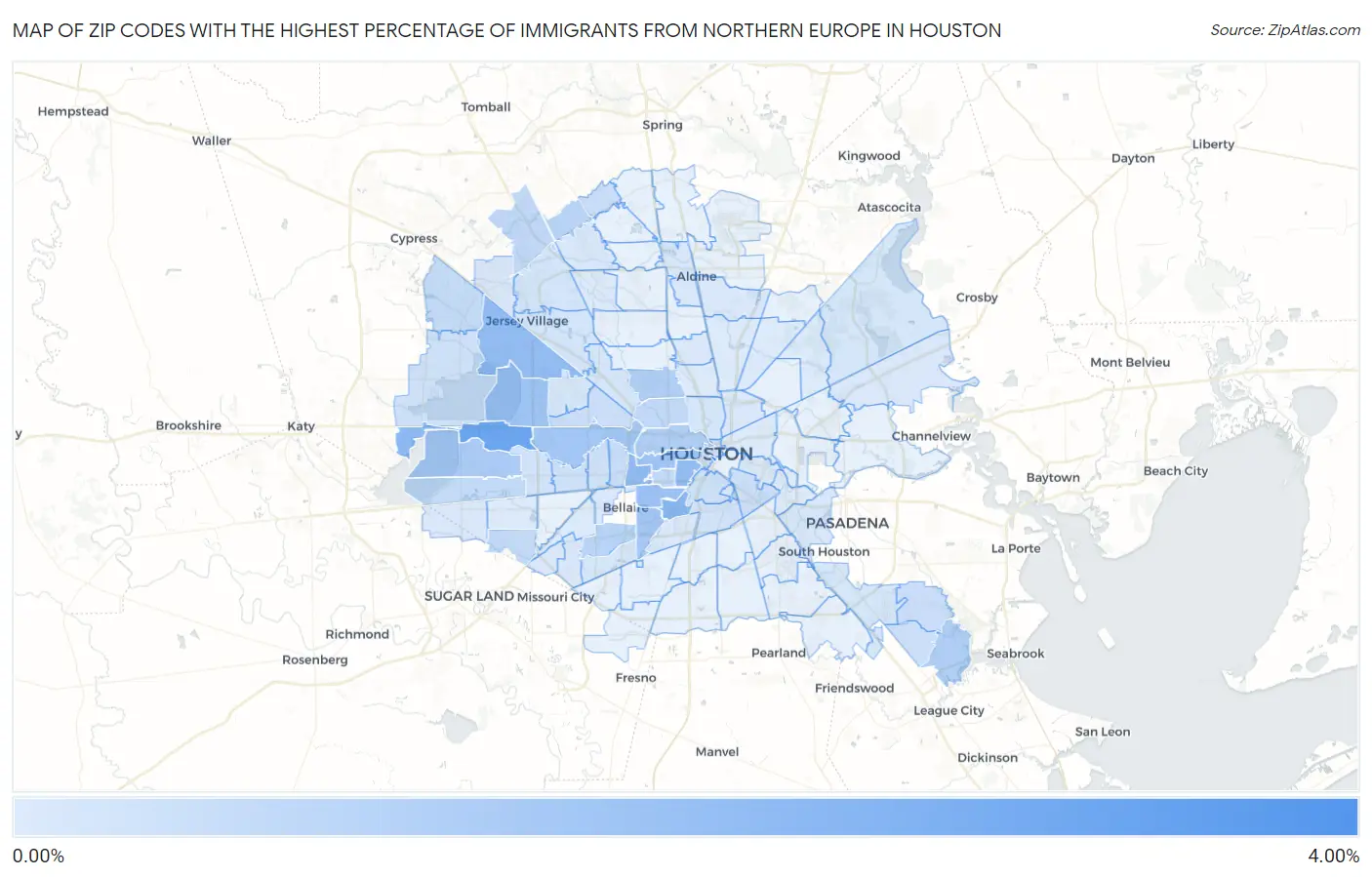 Zip Codes with the Highest Percentage of Immigrants from Northern Europe in Houston Map