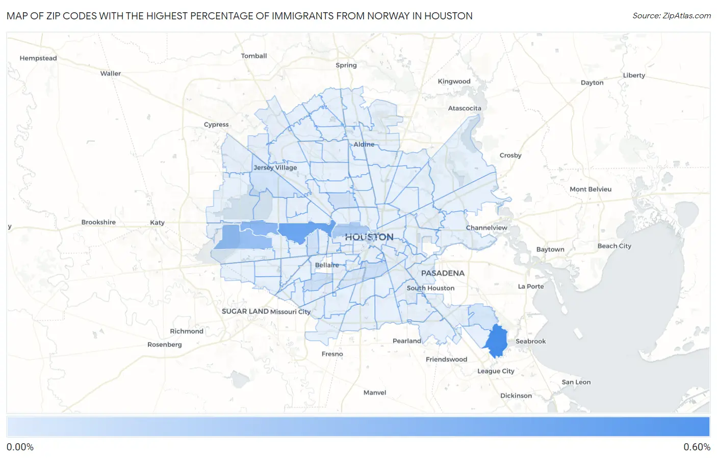 Zip Codes with the Highest Percentage of Immigrants from Norway in Houston Map