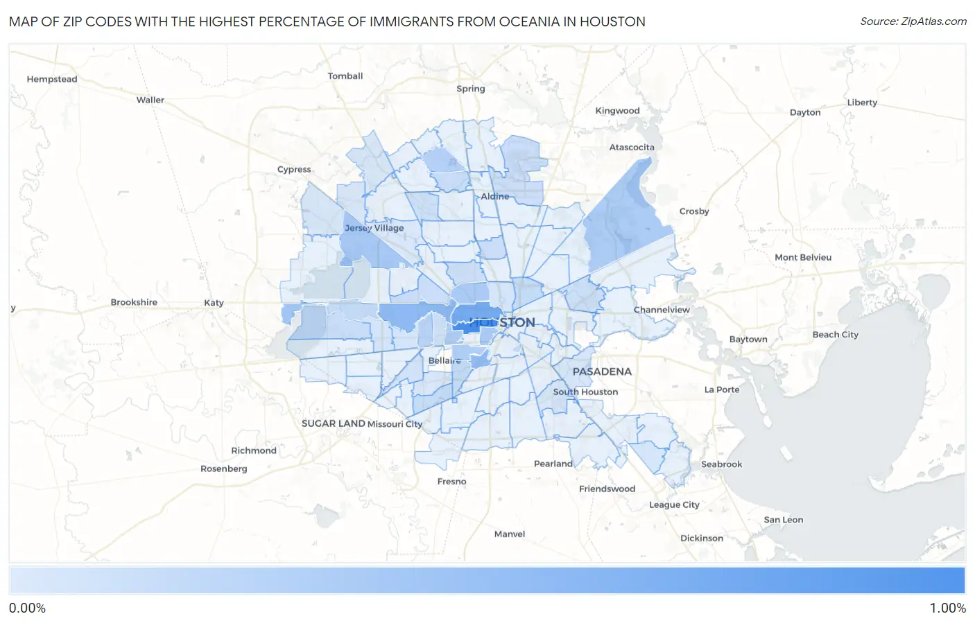Zip Codes with the Highest Percentage of Immigrants from Oceania in Houston Map