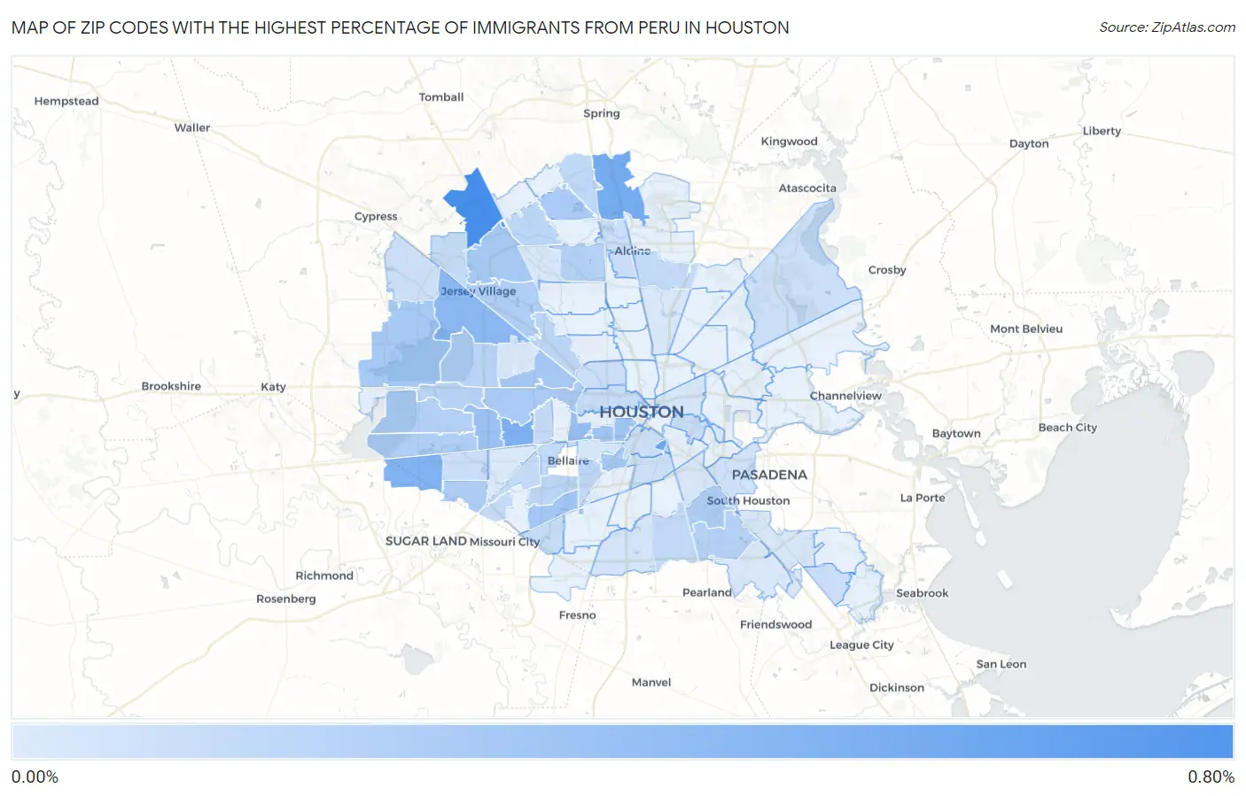 Zip Codes with the Highest Percentage of Immigrants from Peru in Houston Map