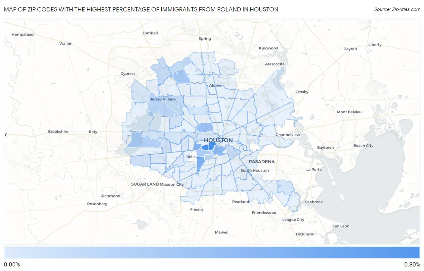Zip Codes with the Highest Percentage of Immigrants from Poland in Houston Map
