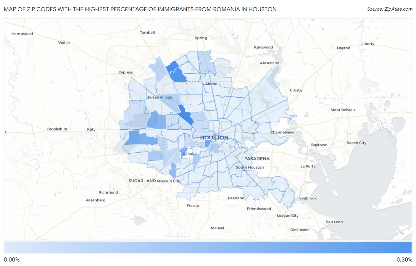 Zip Codes with the Highest Percentage of Immigrants from Romania in Houston Map