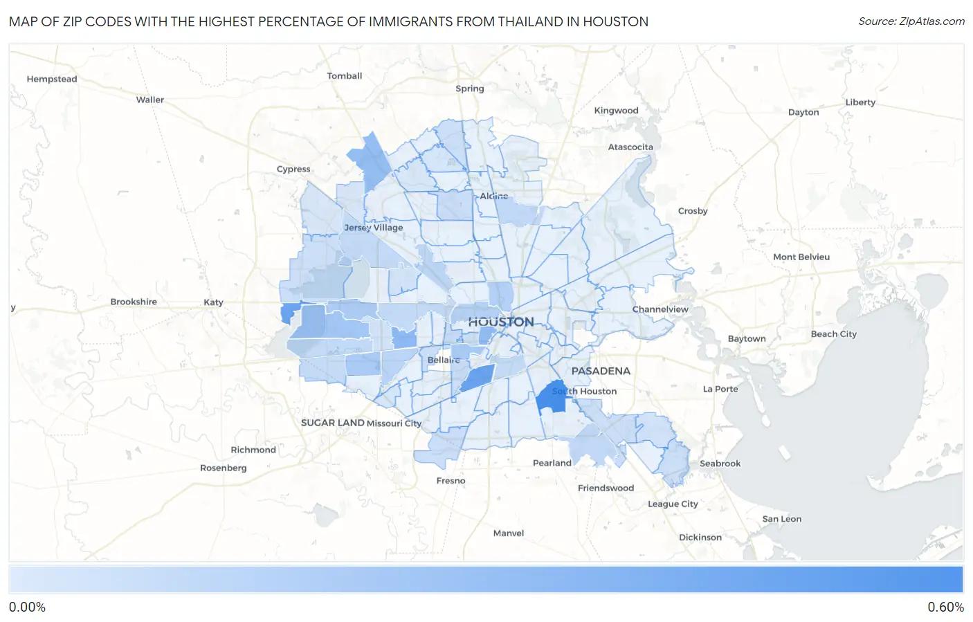 Zip Codes with the Highest Percentage of Immigrants from Thailand in Houston Map