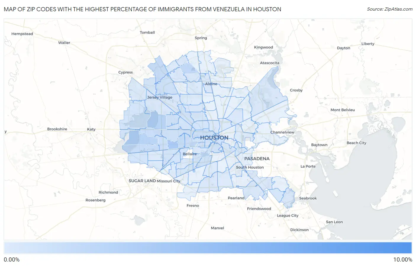 Zip Codes with the Highest Percentage of Immigrants from Venezuela in Houston Map