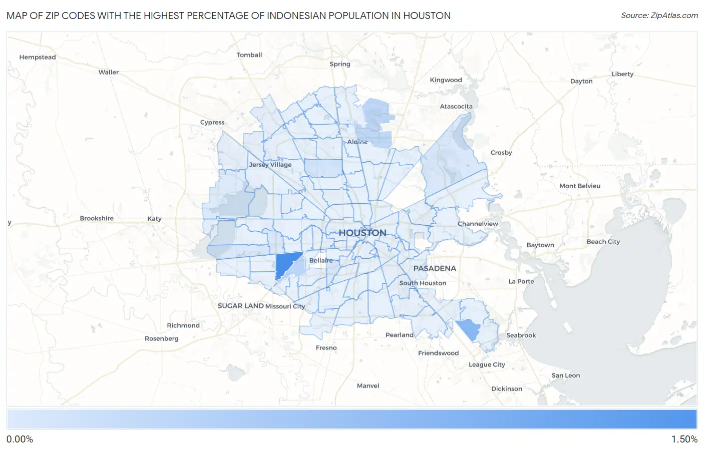 Zip Codes with the Highest Percentage of Indonesian Population in Houston Map
