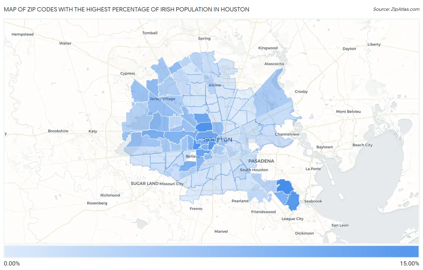 Zip Codes with the Highest Percentage of Irish Population in Houston Map