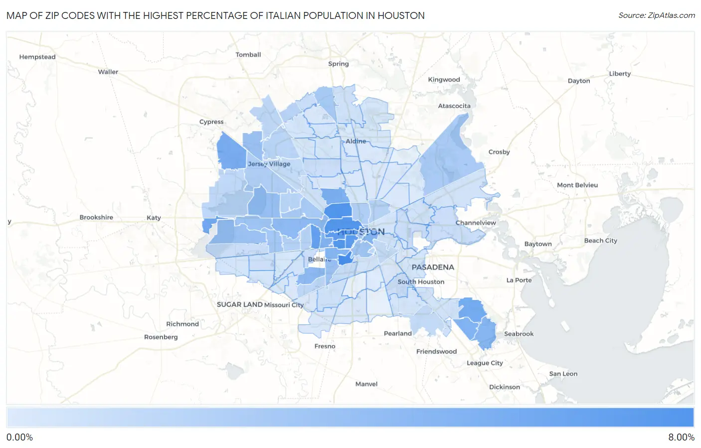 Zip Codes with the Highest Percentage of Italian Population in Houston Map