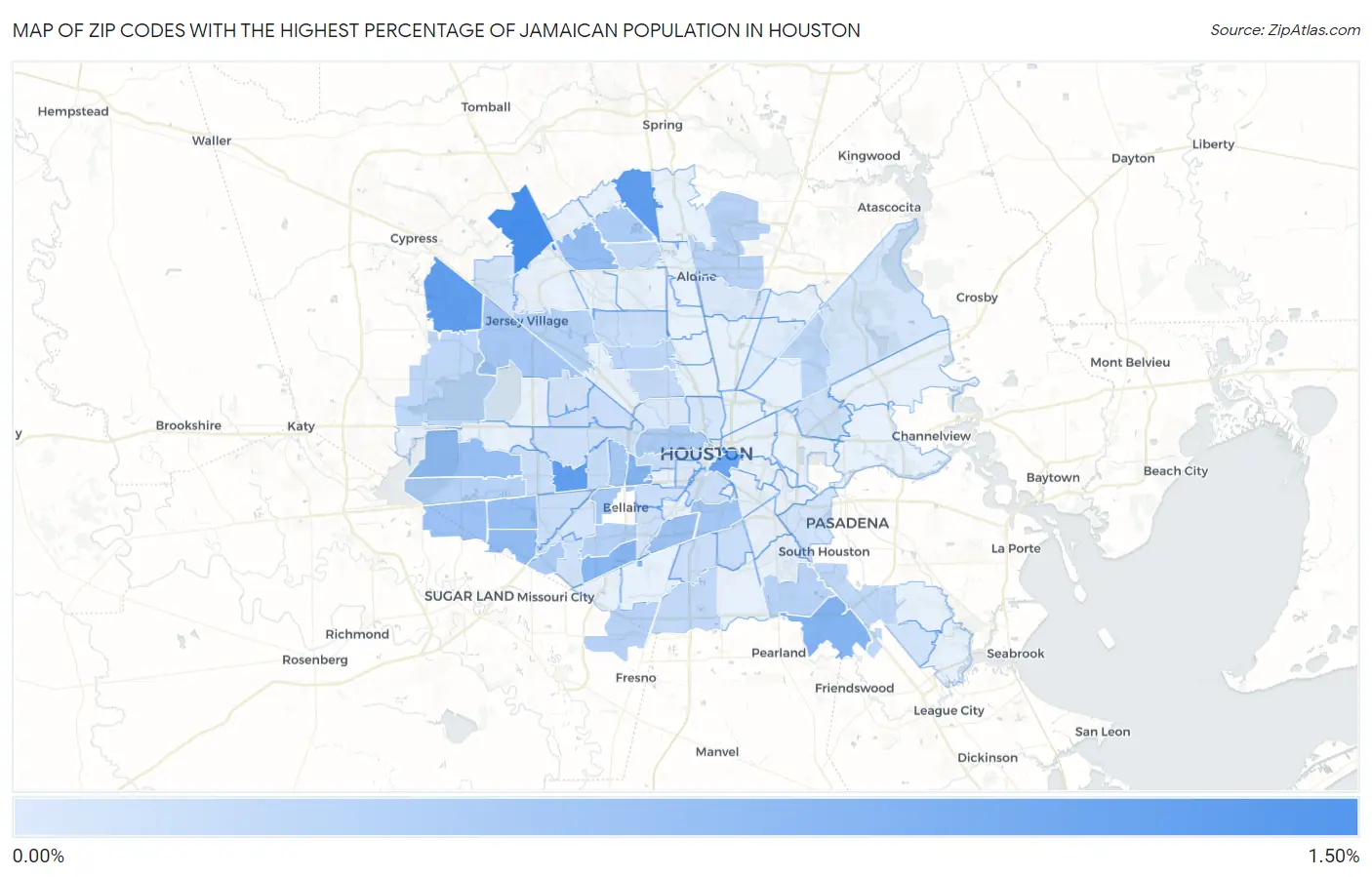 Zip Codes with the Highest Percentage of Jamaican Population in Houston Map