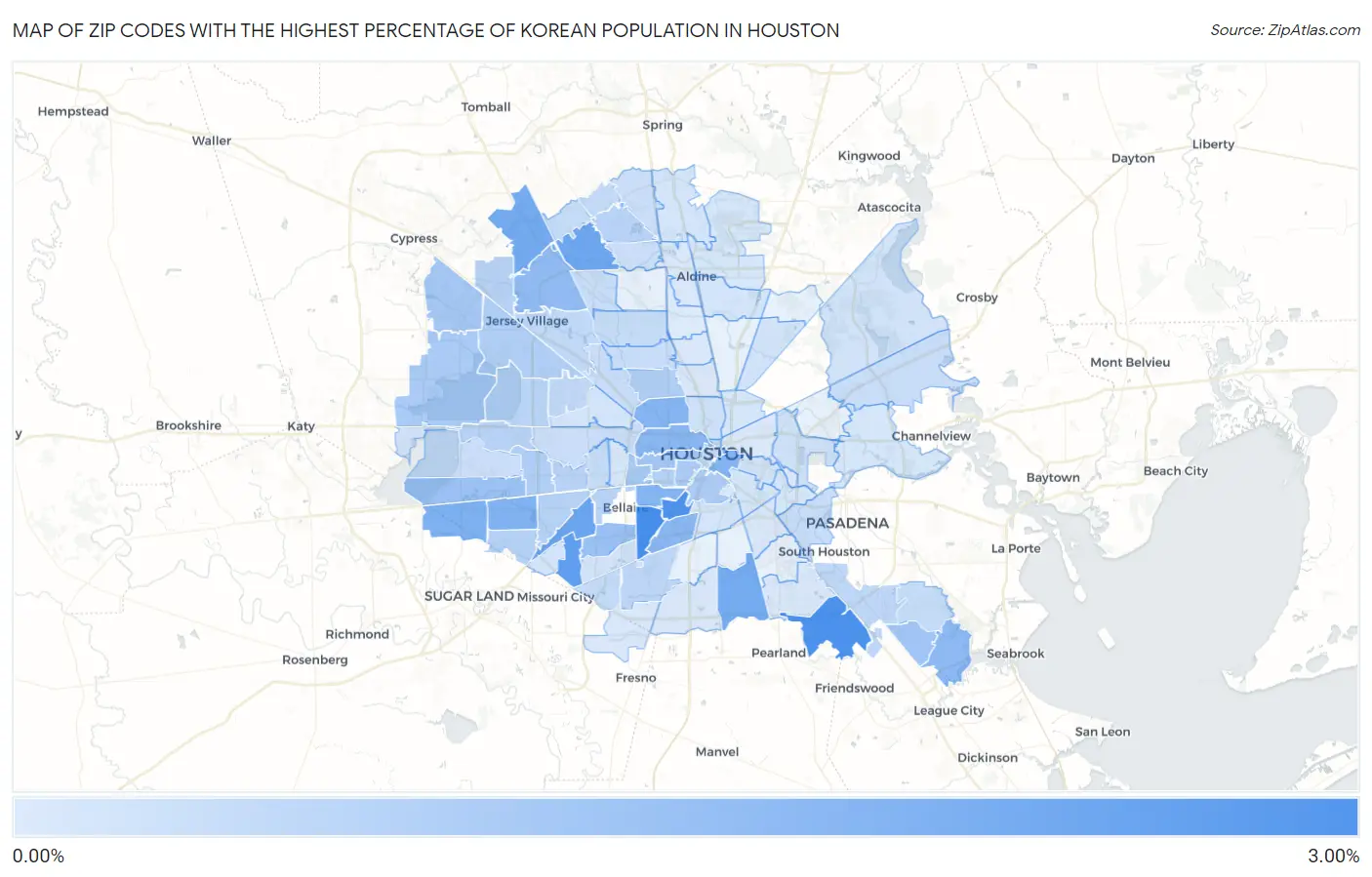 Zip Codes with the Highest Percentage of Korean Population in Houston Map
