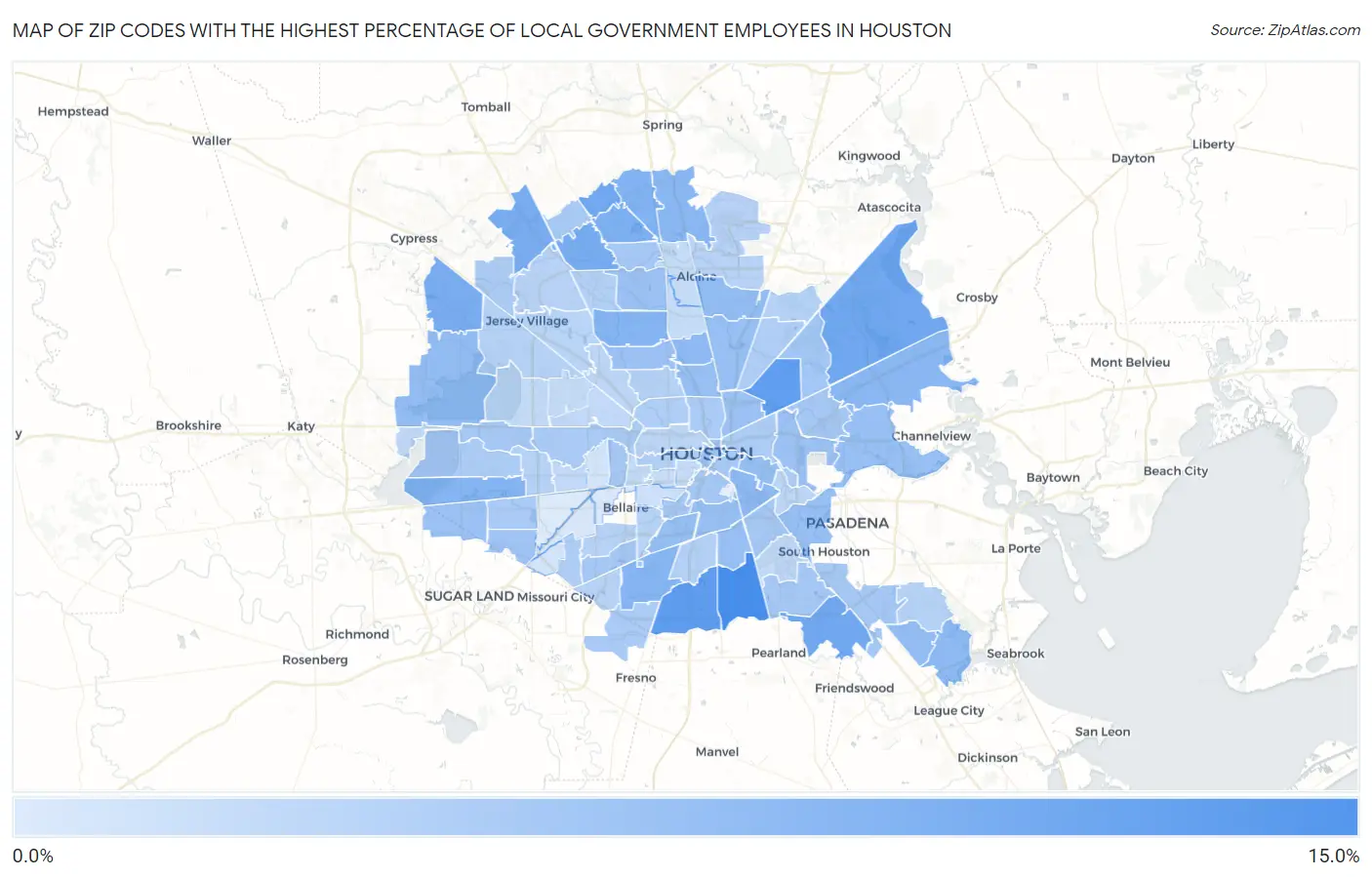 Zip Codes with the Highest Percentage of Local Government Employees in Houston Map
