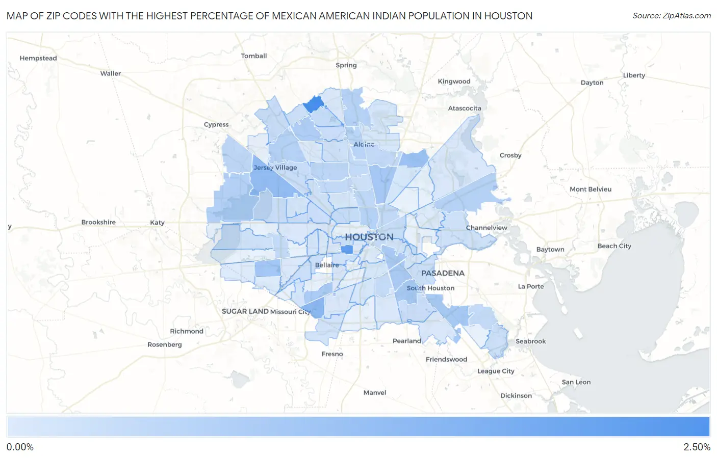 Zip Codes with the Highest Percentage of Mexican American Indian Population in Houston Map