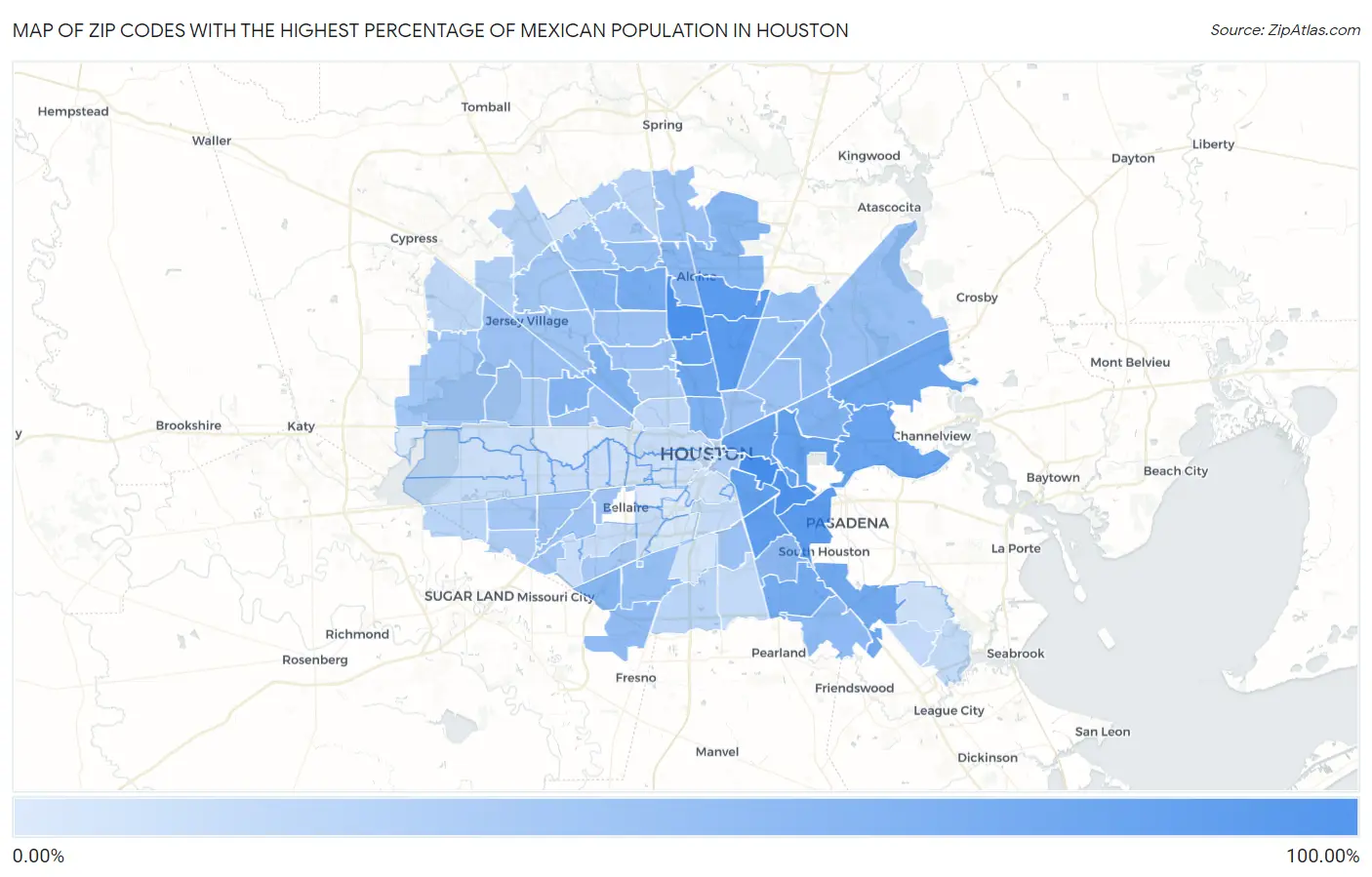 Zip Codes with the Highest Percentage of Mexican Population in Houston Map