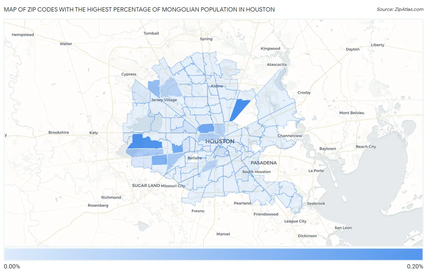 Zip Codes with the Highest Percentage of Mongolian Population in Houston Map