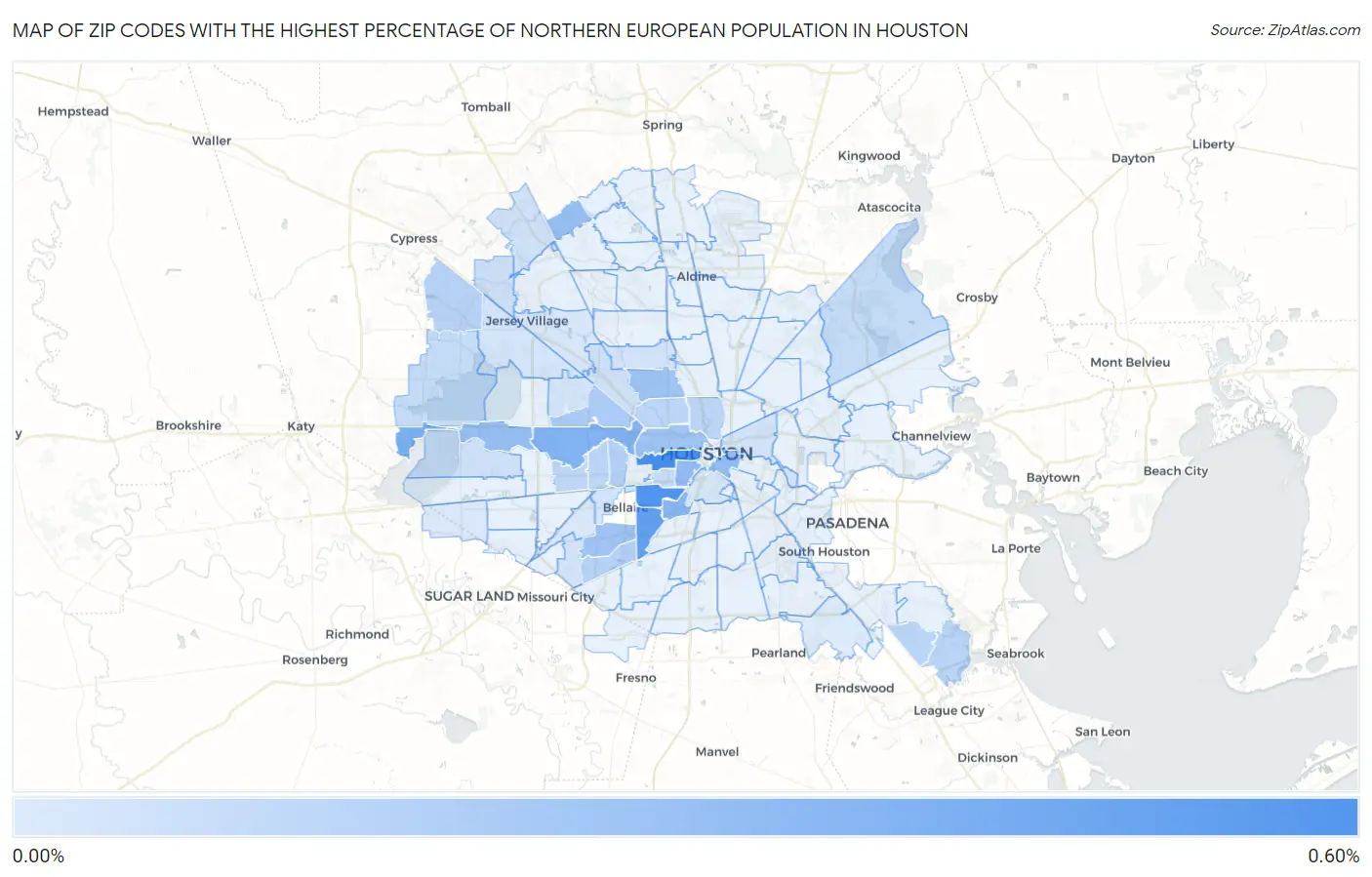 Zip Codes with the Highest Percentage of Northern European Population in Houston Map