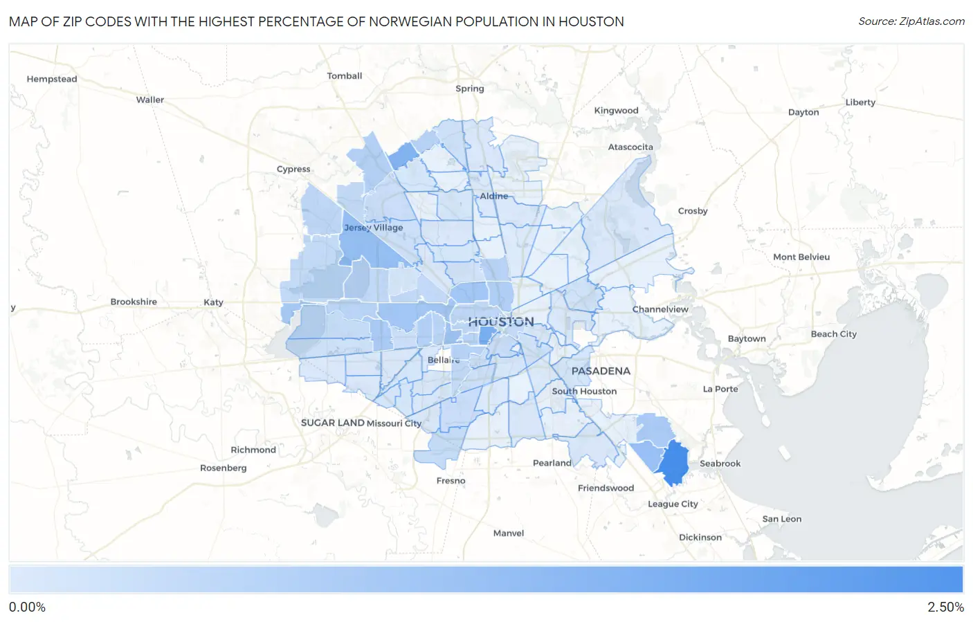 Zip Codes with the Highest Percentage of Norwegian Population in Houston Map