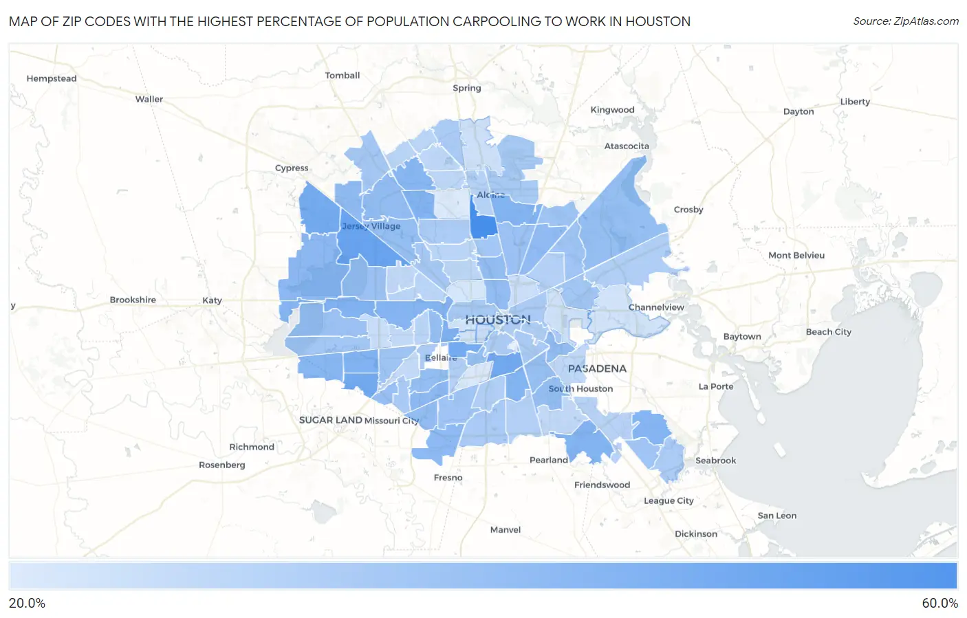 Zip Codes with the Highest Percentage of Population Carpooling to Work in Houston Map