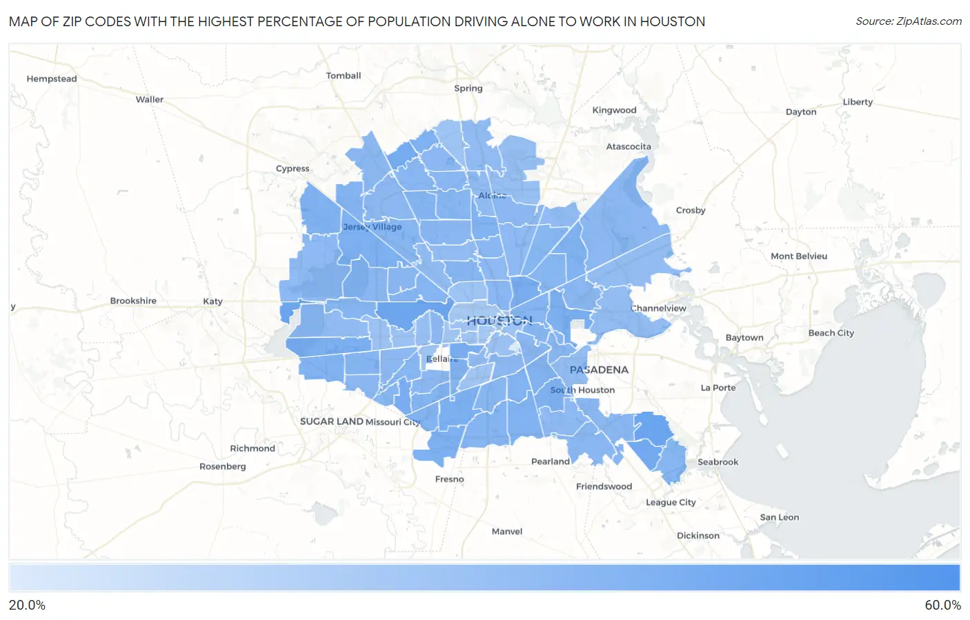 Zip Codes with the Highest Percentage of Population Driving Alone to Work in Houston Map