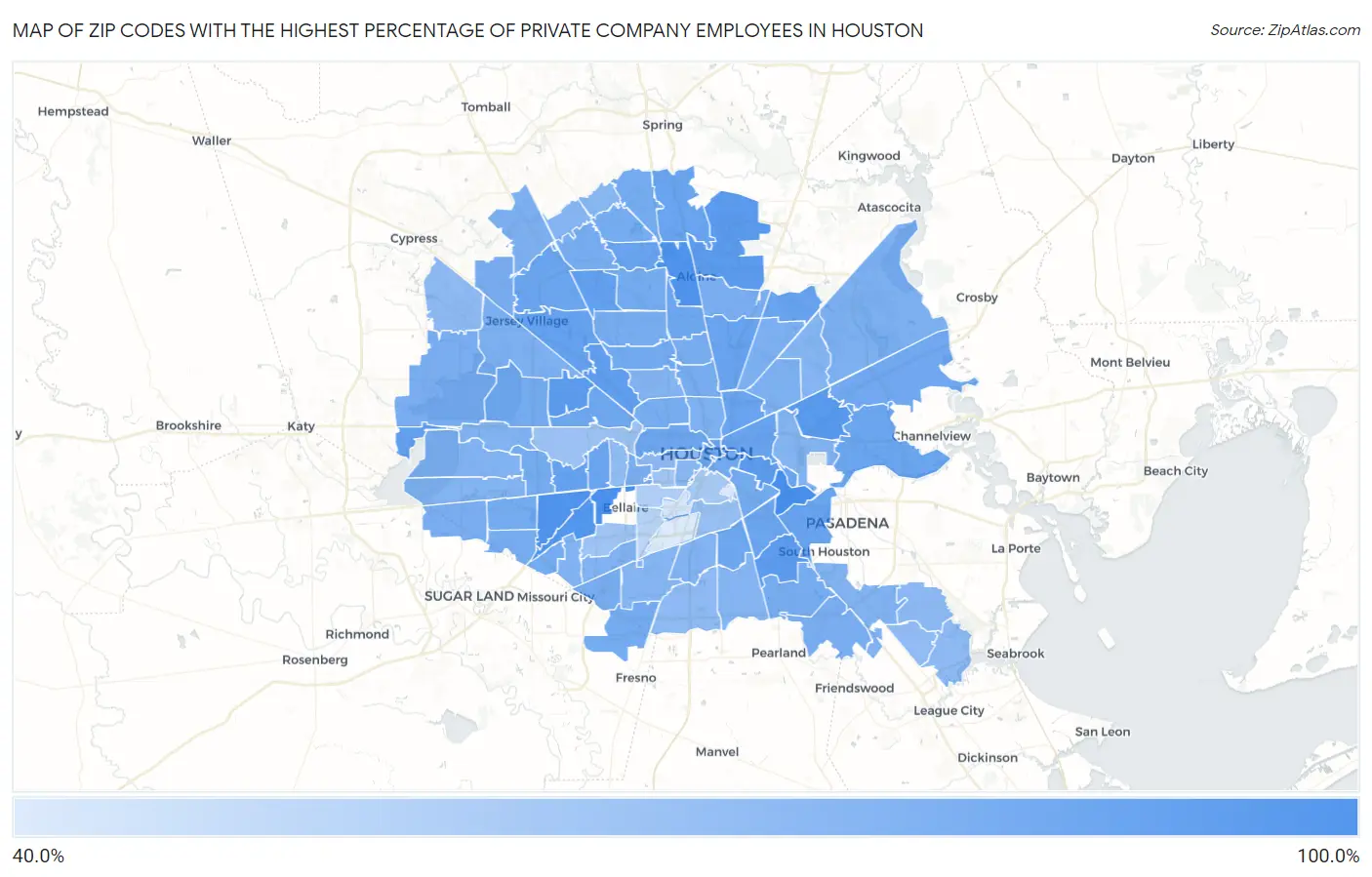 Zip Codes with the Highest Percentage of Private Company Employees in Houston Map