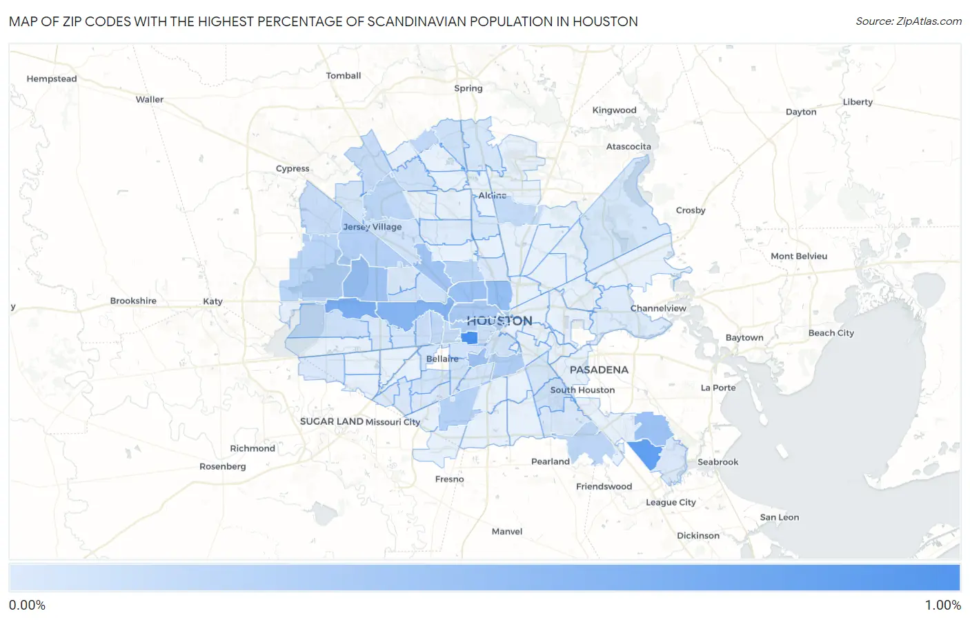 Zip Codes with the Highest Percentage of Scandinavian Population in Houston Map